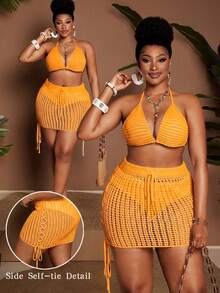 Maweii Bộ đồ nữ gồm áo croptop hở lưng cổ yếm gợi cảm, thời trang và chân váy ngắn cạp chun thắt nơ, thích hợp cho đi biển, nghỉ dưỡng, mùa hè. - Vàng - Xem 1