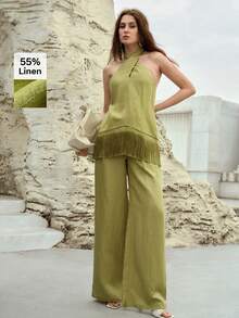 PREMIUM LINEN BLEND DRAWSTRING WAIST SUIT PANTS, SPRING/SUMMER - Green - View 1