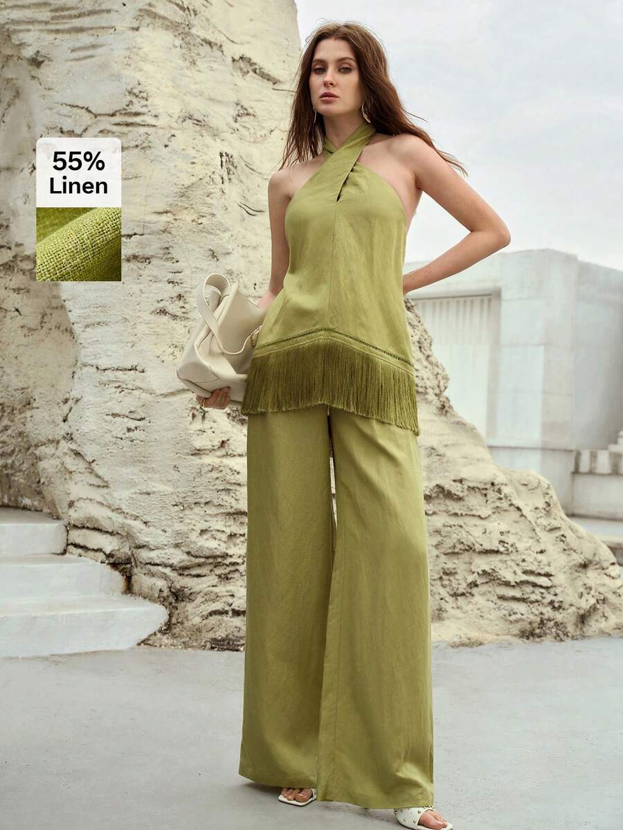 PREMIUM LINEN BLEND DRAWSTRING WAIST SUIT PANTS, SPRING/SUMMER - Green - View 1