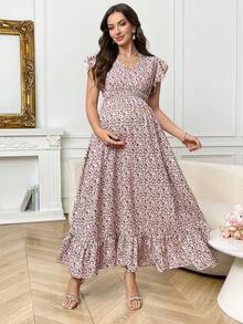 SHEIN 夏季孕妇V领短袖荷叶边腰部碎花连衣裙 - 粉色 - 查看 3