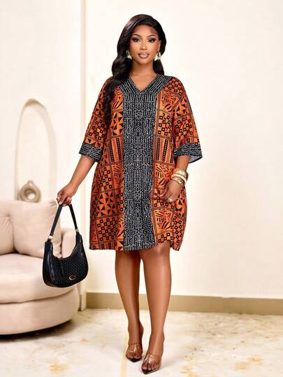 Brilight Vestido corto suelto y cómodo con estampado posicionado, adecuado para el uso diario elegante de primavera/verano, apropiado para ir al trabajo, con estilo del Medio Oriente y de la tradición sudafricana, de estilo bohemio, para el Día de Acción de Gracias.