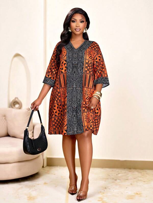 Brilight Vestido corto suelto y cómodo con estampado posicionado, adecuado para el uso diario elegante de primavera/verano, apropiado para ir al trabajo, con estilo del Medio Oriente y de la tradición sudafricana, de estilo bohemio, para el Día de Acción de Gracias.