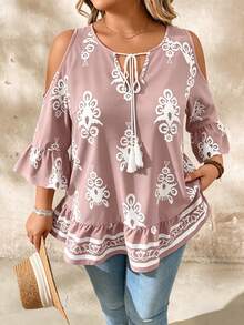 SHEIN LUNE Áo kiểu dáng rộng rãi, thoải mái, in họa tiết toàn thân, trễ vai, thắt nơ, tua rua, viền bèo nhún, thích hợp cho kỳ nghỉ. - Bụi hồng - Xem 4