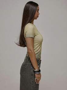 MUSERA 水洗修身婴儿T恤衫上衣 秋季街头风酷女孩Y2K日常休闲复古春夏假日 - 卡其色 - 查看 4