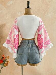 Camisa casual de vacaciones con frente abierto, lazo, mangas acampanadas, puños con volantes y estampado de leopardo - Rosa - Ver 2