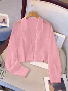 Qadelle Chiffon Pocket Button Women's Short Sleeve Blouse - Pink - View 6