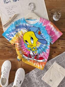 LOONEY TUNES X SHEIN 少女圆领短袖休闲可爱印花T恤，全幅 - 白色 - 查看 3