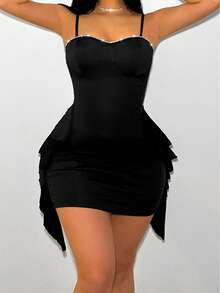 Women's Backless Dress With Ruffle Trimmed Spaghetti Straps Mini Short Women Outfit - Black - View 4