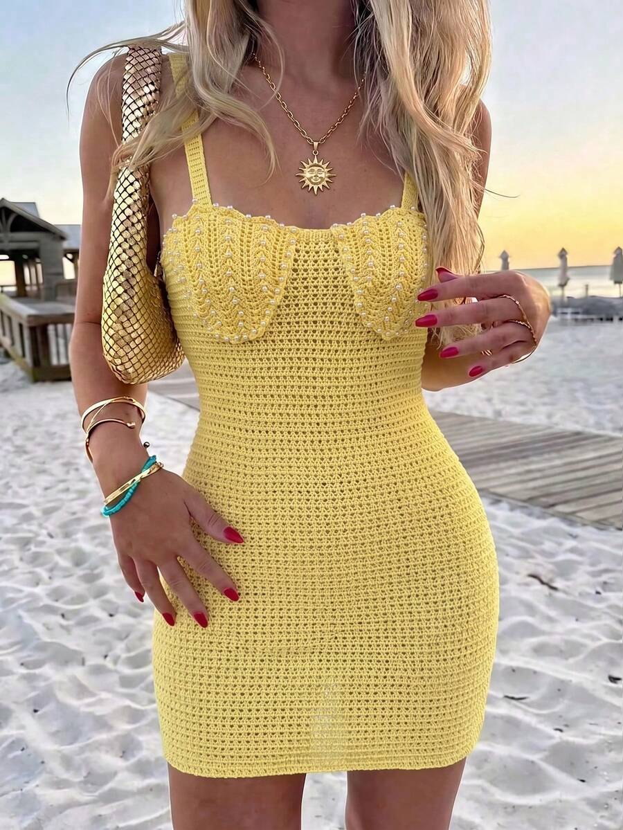 Selianne Women's Elegant Fitted Backless Tie Strap Sleeveless Knit Mini Dress, Suitable For Beach & Summer - Yellow - View 1