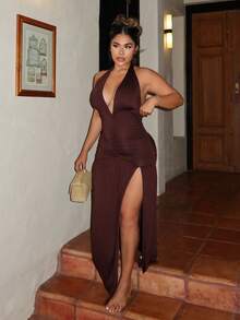 Maria Perezxox 优雅浪漫性感派对深 V 领挂脖高开叉 A 字形连衣裙 - W - 棕色 - 查看 3