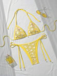 Costavie Swim Mod 兩件式比基尼套裝，春夏季海灘度假，心形亮片紋理面料配珍珠裝飾，掛脖三角內衣與側綁比基尼褲，性感比基尼套裝 - 彩色 - 查看 5