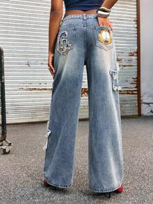 GARFIELD | SHEIN Women's Casual Fashion Street Chic Daily Commute Cartoon Print Frayed Hem Star Pattern Loose Wide Leg Jeans - Blue - View 2