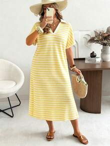Ceyna Plus Size Spring/Summer Short Sleeve Knit Casual Vacation Yellow Dress Tea Party Vacation - Pale Yellow - View 5