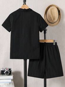 SHEIN 2pcs Tween Boy Fashion Versatile Single-Breasted Short Sleeve Shirt And Casual Pocket Shorts Set - Black - View 4