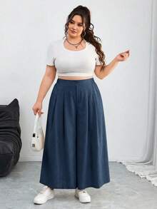 SHEIN CURVE+ 大码女装春夏时尚休闲宽松舒适日常百搭修身弹力腰褶裥杏色裤/裙，大码女装下装，夏季套装，工作裤，简约风格，大码杏色阔腿裤 - 藏蓝色 - 查看 3