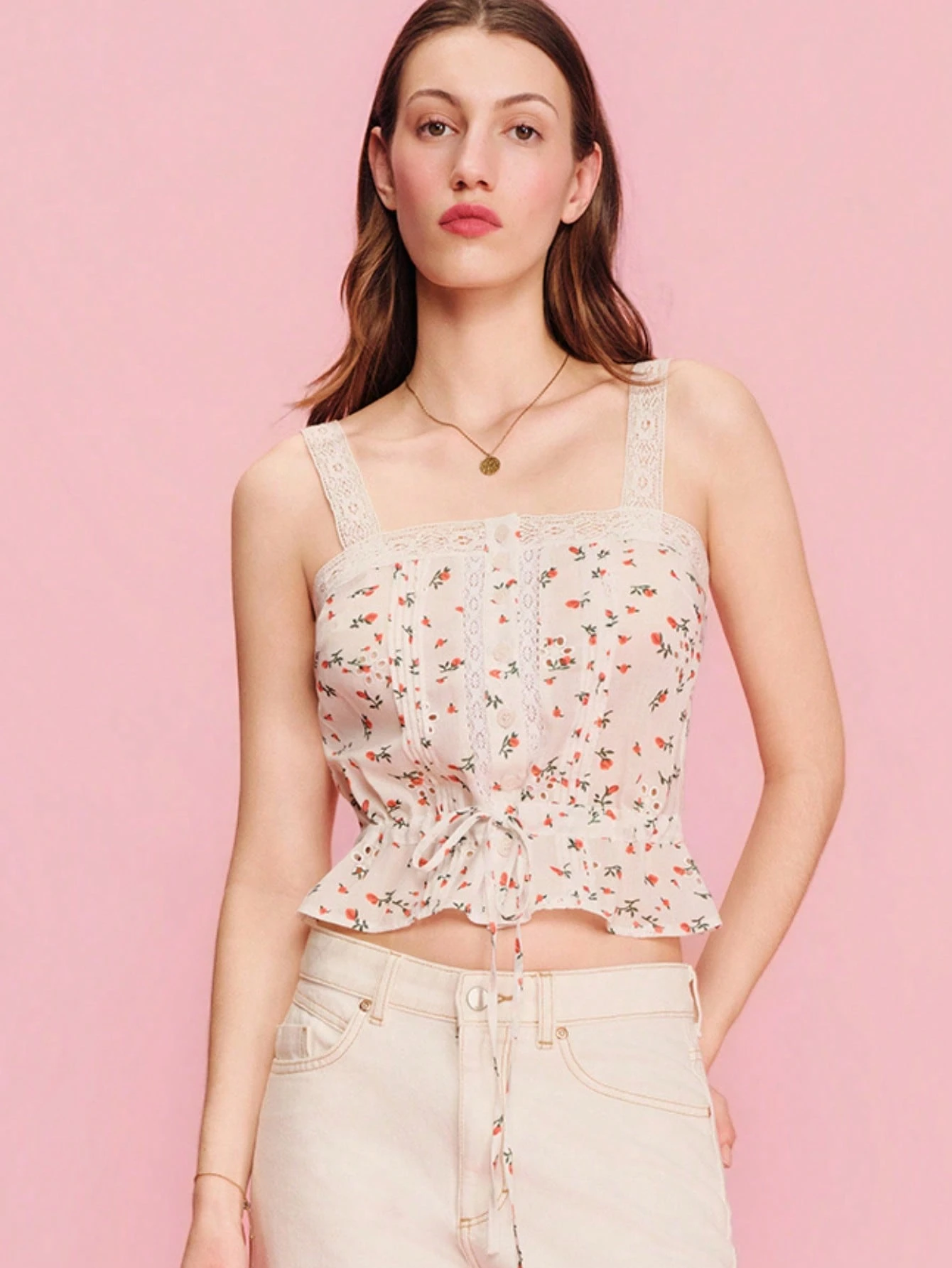 White Lace-Trimmed Button Front Cami Top With Pleats And Waist Tie Spring Summer French Style Parisian Style Vacation Top Cute Summer Top