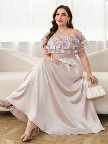 SHEIN Clasi Elegantes Off-Shoulder Damenkleid in Große Größen mit 3D-Blumendekor, luxuriöses Abendkleid für Hochzeiten, Abendessen, Sommerkleidung, Outfits, Kleidung, Frühlingsoutfit, Kleider, Festivalkleider, elegante Kleider, elegante Partykleider, Partyoutfit, Hochzeitsgastkleid, Hochzeitsfeierkleid, Hochzeiten, Veranstaltungen, Brautjungfernkleid, Abschlussballkleid, Abschlussoutfit für Mütter, Outfits, Ballkleid, Geburtstagsoutfit für Frauen, Hochzeitsoutfits für Frauen, Outfits für Frauen, Outfits, formelles Kleid, Empfangskleid - Aprikosenfarben - Übersicht 1
