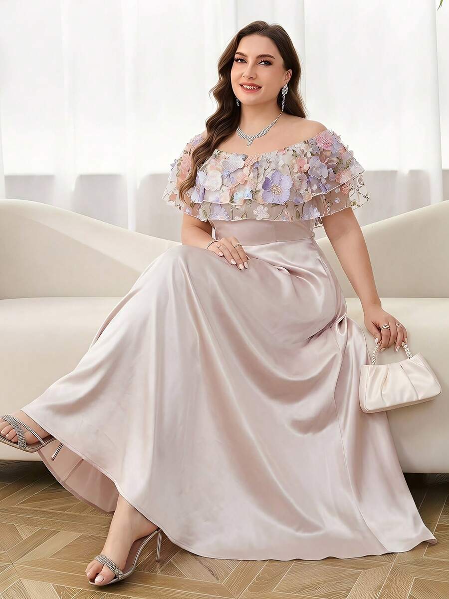 SHEIN Clasi Elegantes Off-Shoulder Damenkleid in Große Größen mit 3D-Blumendekor, luxuriöses Abendkleid für Hochzeiten, Abendessen, Sommerkleidung, Outfits, Kleidung, Frühlingsoutfit, Kleider, Festivalkleider, elegante Kleider, elegante Partykleider, Partyoutfit, Hochzeitsgastkleid, Hochzeitsfeierkleid, Hochzeiten, Veranstaltungen, Brautjungfernkleid, Abschlussballkleid, Abschlussoutfit für Mütter, Outfits, Ballkleid, Geburtstagsoutfit für Frauen, Hochzeitsoutfits für Frauen, Outfits für Frauen, Outfits, formelles Kleid, Empfangskleid - Aprikosenfarben - Übersicht 1