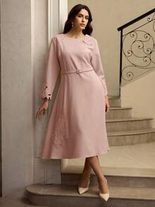 ZEYLAH Dusty Pink Cinched Waist Dress With Long Sleeves And Elegant Waistline Tea Party Autumn - Pink - View 4