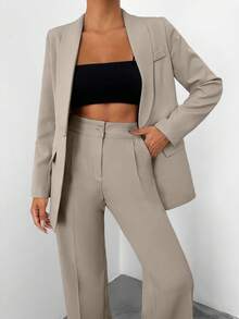 EURMUSE Bộ đồ vest nữ dài tay màu trơn và quần túi Pintuck - Màu be - Xem 3