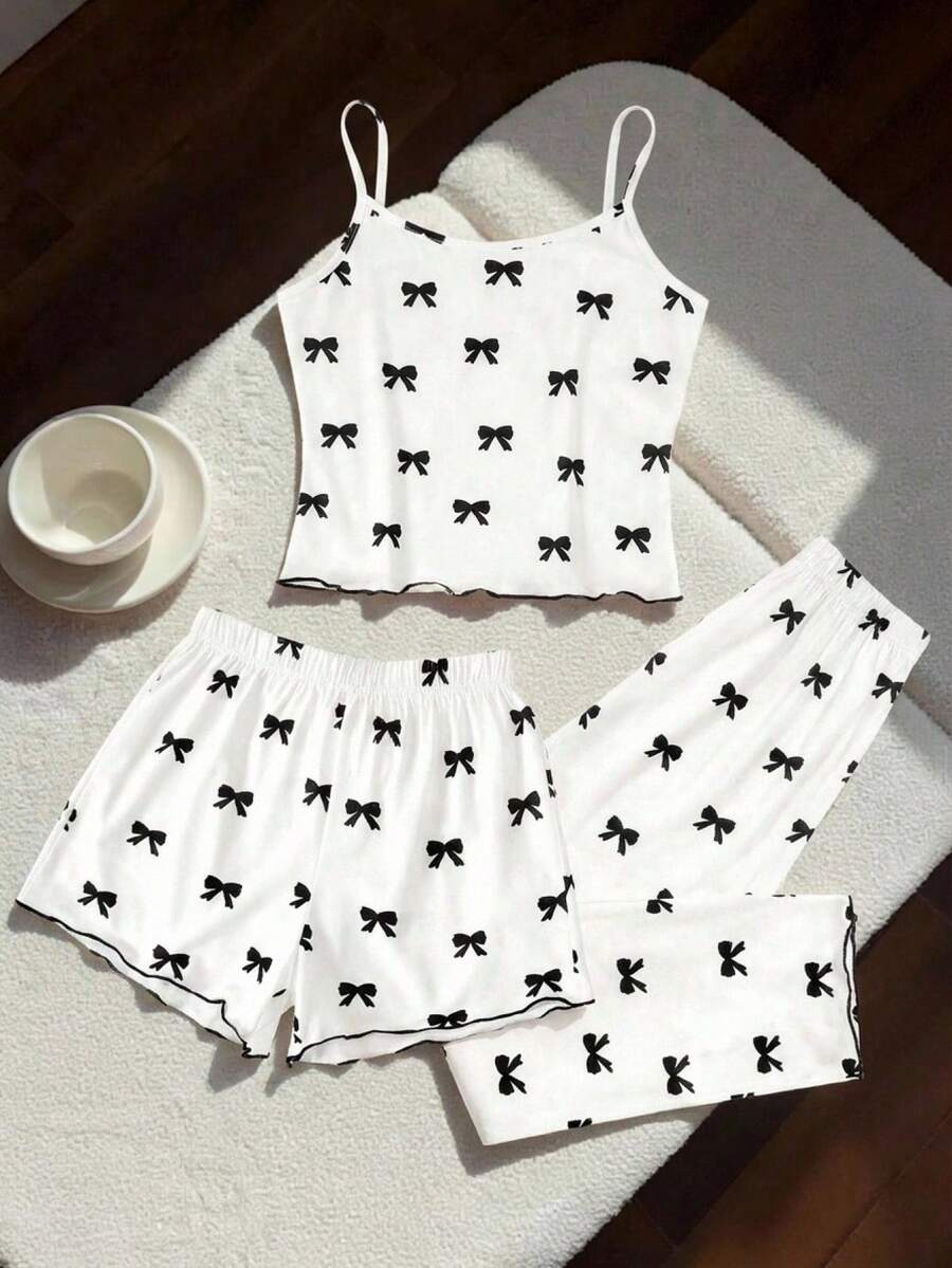 SHEIN 3pcs Tween Girls' Casual Knit Pajama Set, Includes Sweet Bow Print Camisole, Long Pants And Shorts - Black and White - View 1