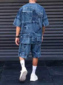 Manfinity Hypemode Bộ đồ thể thao và mặc nhà nam 2 món, hiệu ứng denim, có chữ, kiểu dáng thường ngày, thích hợp cho cả hoạt động thể thao và mặc nhà. - Màu xanh lam - Xem 2
