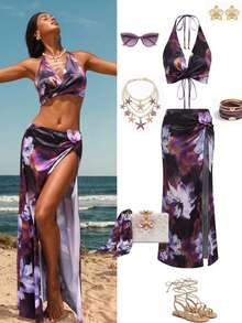 Opulessa Women's Floral Print Halter Top And Slit Skirt Swimwear Set, Summer Vacation Beach Vacation Outfits For Women,Tropical, Mermaid, Bohemian, Ibiza, Western,Summer Dress,Summer Dresses For Women,Beach Dresses,Party Dresses,Elegant Dresses For Women,Casual Dresses,Vacation Dress,Floral Dress, Women's Beach Outfits, Women's Resort Wear, Hawaii Outfits Women 2 Pieces, Playa Outfits, Bikinis Set For Women With Cover Up - Multicolor - View 8
