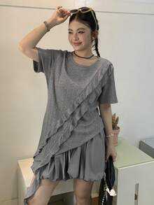 Dazy Plus 2pcs/Set Asymmetrical Ruffle Patchwork Top And Tight Waist Tulip Pants, Casual Spring/Summer Outfit For Plus Size Women Lounge Sets For Women - Grey - View 9