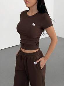 Muchica Women's Summer Spurs Embroidery Tight Fitting Short Sleeve T-Shirt And Pants 2 Pieces Homewear Set - Chocolate Brown - View 4