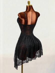 Mistrie Nuevo vestido de encaje con dobladillo asimétrico y copa con cuentas para primavera/verano 2026, vestido mini romántico de tirantes finos con volantes para citas y vacaciones - Negro - Ver 2