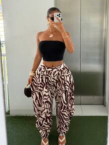SHEIN SXY 女士腰部纽扣设计斑马纹哈伦裤 - 彩色 - 查看 6