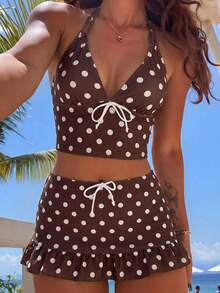 SHEIN Swim Mod 3pcs Polka Dot Contrast Color Print Ruffle Hem Halter Swimsuit Set, Spring/Summer - Multicolor - View 3