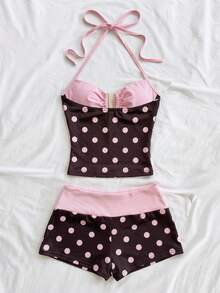 Soleia 女士夏季Y2K百搭休闲舒适针织波点拼接撞色露背迷你修身性感热辣上衣和短裤套装。适合度假、派对、约会、嘉年华、下午茶、海滩、邮轮、城市旅行、音乐节等多种场合。派对上衣、夏季上衣、女士夏季套装 - 彩色 - 查看 3