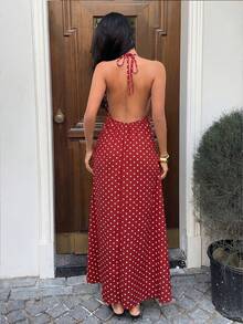 Sunnyshic Đầm maxi nữ màu đen chấm bi phối ren, cổ chữ V, hở lưng, buộc eo, thích hợp cho mùa xuân/hè, thanh lịch cho kỳ nghỉ/hẹn hò/đám cưới, phong cách tối giản mặc hàng ngày. - Màu Đỏ Sâu - Xem 2