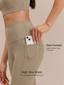 GLOWMODE Leggings de cintura alta con bolsillos laterales FeatherFit™ de 24" para gimnasio en otoño e invierno - Caqui - Ver 3
