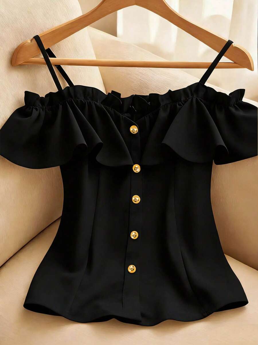 Resyla Camiseta de tirantes elegante de unicolor con volantes en los hombros para tallas grandes, de verano - Negro - Ver 1