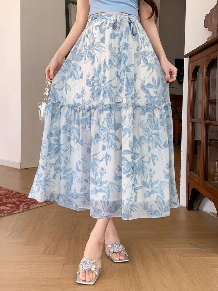 Women's Floral Print Frill Trim Casual Skirt