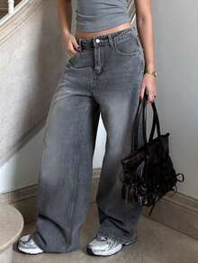 BiaLiraa 斜口袋宽腿宽松牛仔裤 Y2k - 淺灰色 - 查看 4