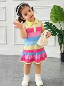 Young Girl Casual & Home Cute Rainbow Striped Button Front Sleeveless Ruffle Hem A-Line Polo Dress - Multicolor - View 1