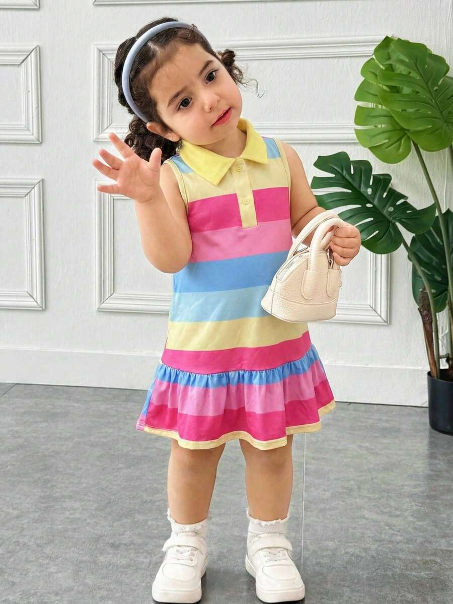 Young Girl Casual & Home Cute Rainbow Striped Button Front Sleeveless Ruffle Hem A-Line Polo Dress - Multicolor - View 1