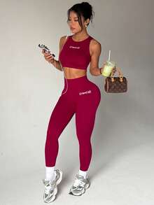 SHEIN Dewbera 女士字母印花上衣和紧身裤休闲运动套装 - 酒紅色 - 查看 6