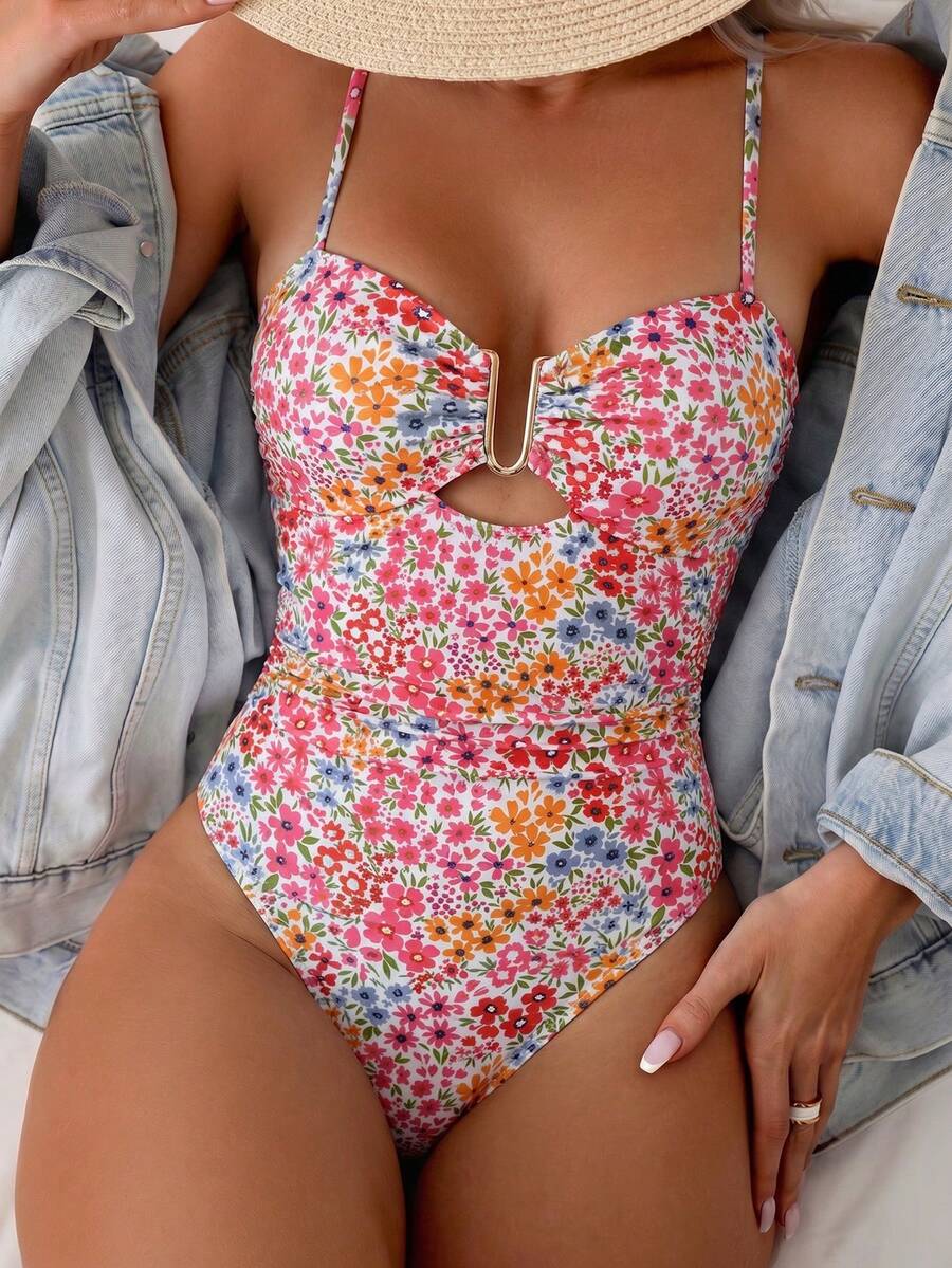 Swim Lushoire Áo tắm liền thân cổ chữ U kẻ sọc mới dành cho nữ - Hồng - Xem 1