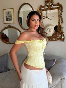 Maria Perezxox 新款露肩荷叶边前系腰上衣 - 黃色 - 查看 4