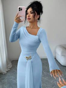 Elenzga Elenzya Women Summer Elegant Light Blue Long Sleeve Dress,Autumn Bar Party Chiffon Asymmetric Collar Waist Dress  Metal Butterfly Decor For Vacation - Baby Blue - View 7