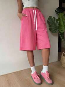 Muchica 紫红色抽绳腰带休闲加大码女式短裤 - 玫紅色 - 查看 6