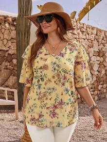EMERY ROSE Plus Size Elegant Floral Print V-Neck Ruffle Trim Blouse, Summer - Light Yellow - View 4