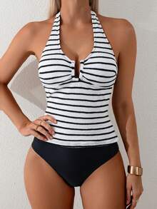 SHEIN Swim Lushore Dam sommarsemester casual strand randigt mönster bikini tvådelat baddräktsset, halterneck knytband texturerat tyg - Svart och Vitt - Visa 5