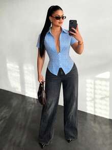 BamGleam French-Style Slim-Fit Blue And White Striped Short-Sleeved Sexy And Elegant Women's Blouse, Suitable For University Campus Wear. Button-Down Top, Blue Striped Shirt, New Summer And Autumn Style Women's Blue Striped Waist-Tie Slim-Fit Long-Sleeved Blouse, Back Tie, Deep V-Neck. - Blue and White - View 6