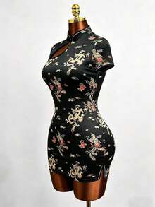 Mistrie Women's Elegant Cloud Floral & Chinese Dragon Print Split Sleeve Midi Dress - White - View 4