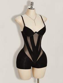 SHEIN ICON Bộ jumpsuit hai dây gợi cảm, màu trơn, chất liệu lưới phối ren, dành cho nữ, thích hợp đi dự tiệc mùa hè Y2K (phong cách thập niên 2000), kiểu dáng câu lạc bộ, Coachella. - màu đen - Xem 7